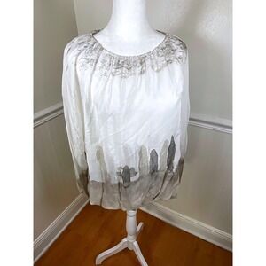 M Made in Italy Sheer Silk Blend Abstract Landscape Print Long Sleeve Top Size S
